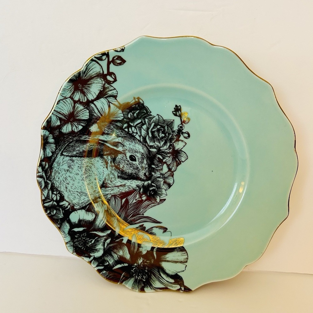 Garden Playtime by 222 Fifth Gold & Turquoise Rabbit Bunny Salad Plate Easter